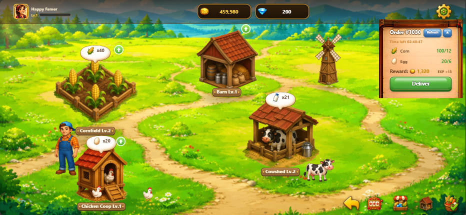 The farm yard with cornfield, coop, cowshed, barn and an active order